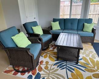 #30 - $450 -Sunbrella fabric patio set 1 sofa, 2 swivels chairs & 1 coffee table - still tags on
