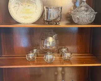 Glass pitcher set, trinket jar, ice bucket, butter dish, salt and pepper, anniversary plate 