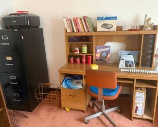 Wood desk, filing cabinet 