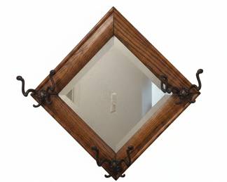 Antique Oak Mirror with Cast Iron Coat Hooks
