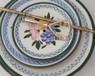 Stangl Pottery Fruit  Flowers Plates with Brass Cake Server