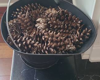 Vintage Metal Coal Hod or Fireplace Bucket with Pine Cones