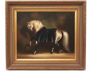 Oil Painting of a White Horse with a Blue Blanket