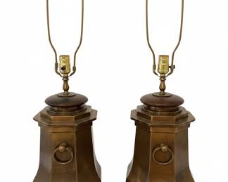 Pair of Vintage Brass Octagonal Tea Caddy Table Lamps with Ring Pulls