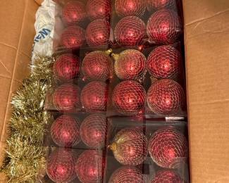 Red Mesh Christmas Ornaments with Gold Tinsel Garland