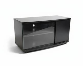 Modern Black TV Stand with Sliding Glass Door and Curved Front