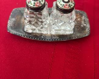 David Andersen Crystal Salt and Pepper Shakers with Silver Plated Tray