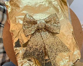 Large Gold Glitter Christmas Bow Tree Topper and Gold Tablecloth