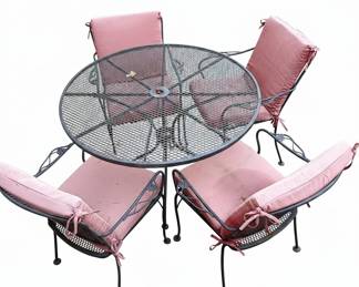 Vintage Wrought Iron Patio Dining Set with Pink Cushions