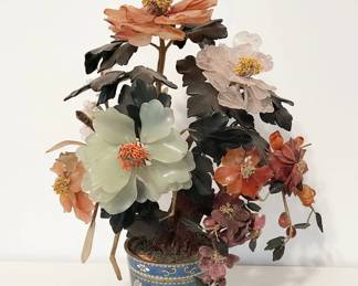 Chinese Carved Hardstone Flower Tree in Cloisonn Pot