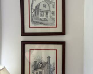 Pair of Etchings by Corinne Wilson Curry The Kings Arms Barber Shop and The Boot and Shoemakers Shop