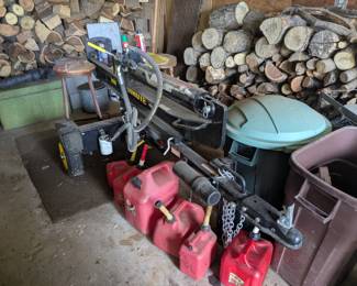 Brute log splitter, firewood, gas cans