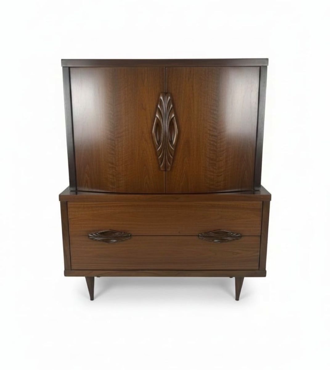 Available for presale - call or text 540-792-1914 if interested. Johnson Carper Fashion Trend MCM Walnut Bedroom Set