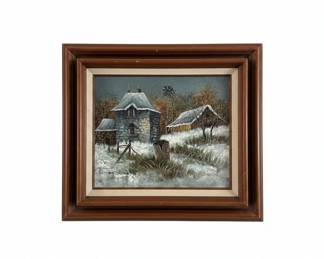M. Martin Winter Barn Landscape Oil Painting