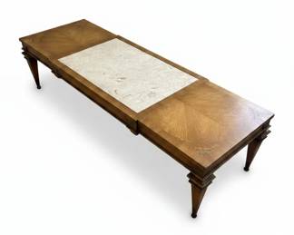 Vintage Inlaid Wood Coffee Table with Marble Insert