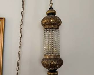 Vintage Turkish Brass and Crystal Cylinder Pendant Light