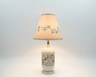 Vintage Ceramic Table Lamp with Floral Motif and Lattice Design