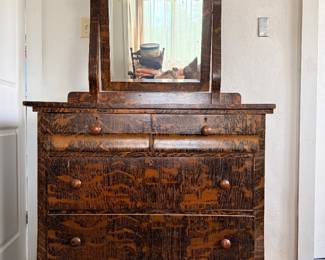 Antique Tiger Oak Wood Dresser with Mirror, Claw Feet
