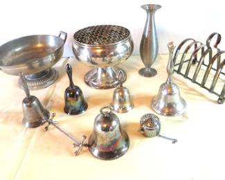 silver plate bells and serving ware