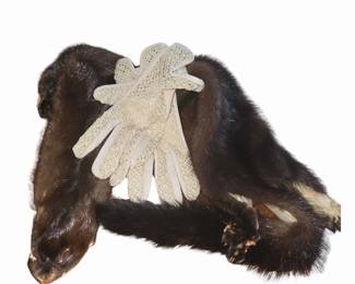 Vintage Mink Fur Stole with Heads  Tails Cream Crochet Gloves Set