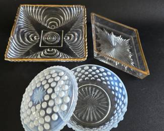Two Vintage GoldRimmed Glass Dishes  Opalescent Hobnail Trinket Box