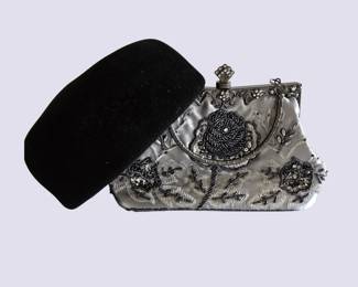 Italian Black Felt Hat  Blue Beaded Wrist Purse