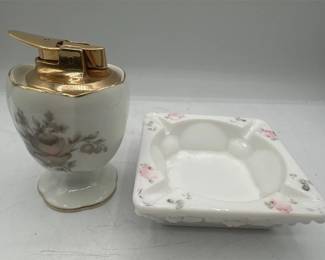 Westmoreland Glass Ashtray  Ronson Rosenthal Lighter  Vintage Smoking Set