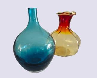 Art Glass Bottle Trio  Blue Bulb Vase  Amberina Sunburst Vase