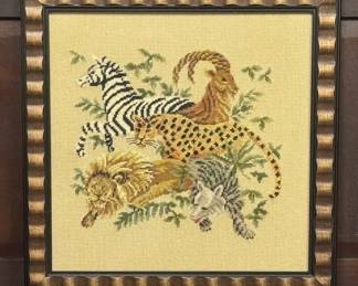Vintage Framed Needlepoint Safari Scene  Animal Motif Textile Art