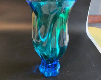 Bohemian Blue Green Pulled Feather Art Glass Vase