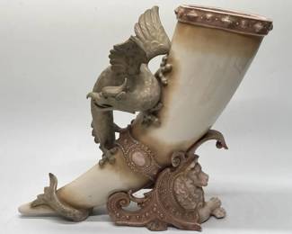 Antique 19th Century German Porcelain Horn Vase with Lion  Griffin Wing Damaged