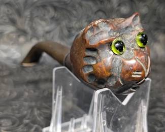 HandCarved Wooden Cat Pipe  Folk Art Figural Smoking Pipe