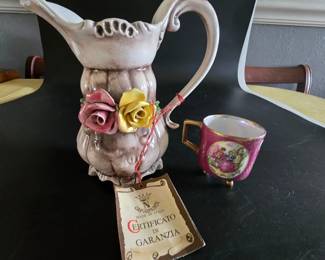 Italian Pitcher  Miniature Teacup  Hand Painted Ceramic Duo 2 pcs