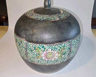 Large Lidded Ceramic Vase  Decorative Oriental Style Jar