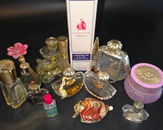 Large Perfume Bottle Collection  Lanvin, Gold Tone Vanity Pieces  Assorted Bottles 11 pcs