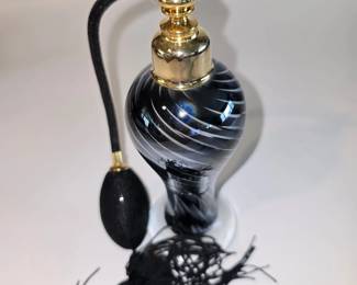 Vintage Art Deco Perfume Atomizer  Black  White Swirl Glass