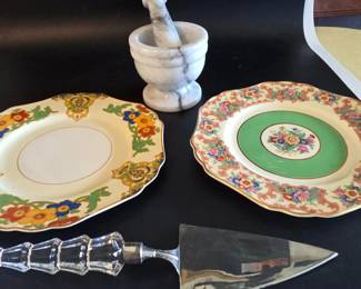 Two Plates, Cake Slicers  Mortar  Pestle 4 pcs  Floral  Gold Trimmed Porcelain
