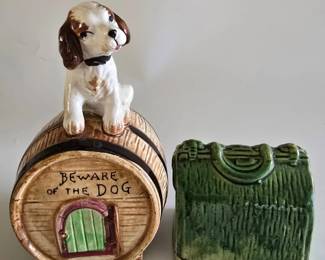 Vintage Banks  Dog Barrel Bank  Glazed Green Ceramic Bank 2 pcs