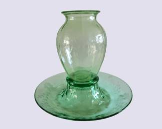 Cameo Uranium Depression Glass Vase  Vintage Green Depression Console Bowl