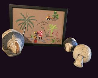 Signed Sikaso Framed African Textile Art  Raku Ceramic Animal Trio 4 pcs