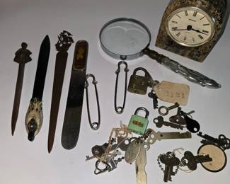 Keys, Locks, Letter Openers, Vintage Desk Clock  Magnifying Glass  Mixed Lot 9 pcs