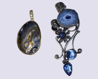 Sterling Silver Pendant Pair  Abalone  Blue Gemstone