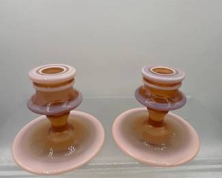 Vintage Fenton Cameo Glass Candlestick Holders  Pink Satin Glass Pair