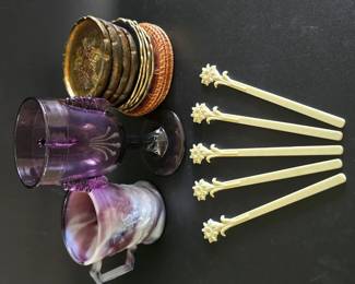 Purple Cobalt Mug, Glass Stir Sticks  Italian Florentine Coasters Two Sets of Four