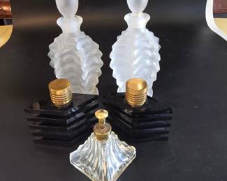 Vintage Art Deco Perfume Bottles  Frosted Glass Fan Bottles  Clear Cut Crystal 5 pcs