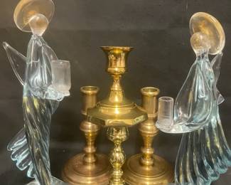 Murano Glass Angel Figurines With Vintage Brass Candlesticks