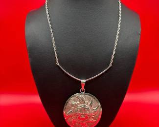 Incredible Sterling Silver Aztec Calendar Pendant On Sterling Necklace
