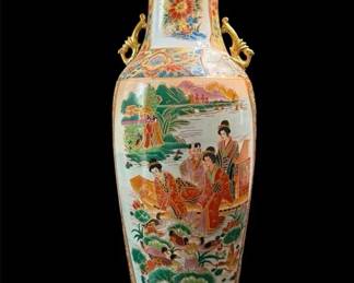 Vintage Japanese Satsuma Fluted Floor Vase W Golden Handles And Painted Scenery 24  Tall