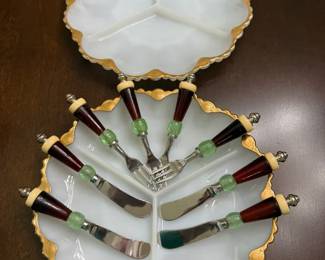 Two Vintage Anchor Hocking Milk Glass Relish Dishes And 8 Piece Lenox Holiday Gatherings Cocktail