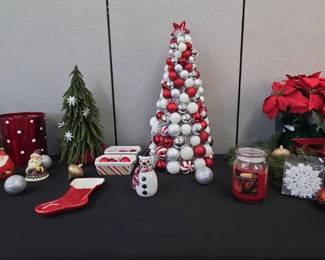 Hand Blown Art Glass Snowman, Ornament Tree, Poinsettias And More